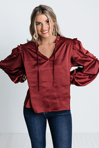 Red Split Neck Ruffled Satin Shirt, Women&#39;s Top, Women&#39;s Shirt - £23.60 GBP