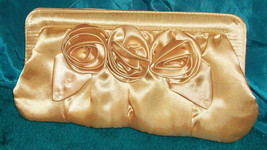 evening wear-gorgous Gold satin flower design clutch bag with silver strap - £14.17 GBP