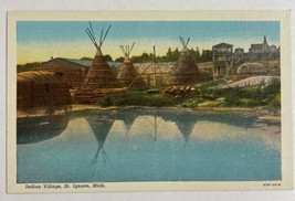 Indian Village Tee-Pees St Ignace,Michigan Linen Postcard - $13.48