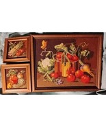 Vntg 70s Cross-Stitch Needlepnt Crewel Veggies Kitchen 3 pc Finished Fra... - $229.37 CAD