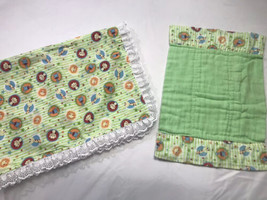 Homemade Receiving Blankets Set Zoo Animal Green Giraffe Monkey Lion 31x31 Lace - $32.01