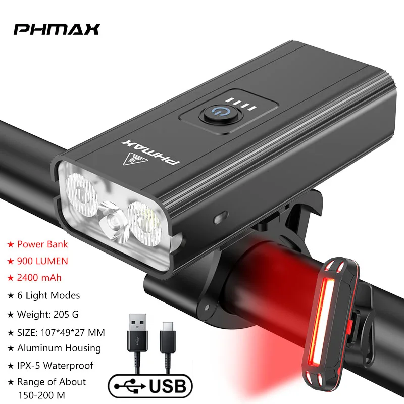 PHMAX Front Bicycle Light Aluminum  Rechargeable Bike Lamp Led 2400mAh M... - £114.27 GBP