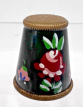 Enameled Austria Thimble Black Red Pink Floral Design Original Sticker 1... - $34.16