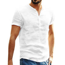 Stand-up collar cotton and linen short-sleeved shirt - $18.25