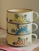 MCM Stoneware Flower Soup Mugs Bowls 16 Oz Blue Pink Yellow Vtg Retro set 3 - £17.49 GBP