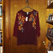 Dress Barn Burgundy With Flowers V-Neck Blouse Shirt - L - New - £13.78 GBP