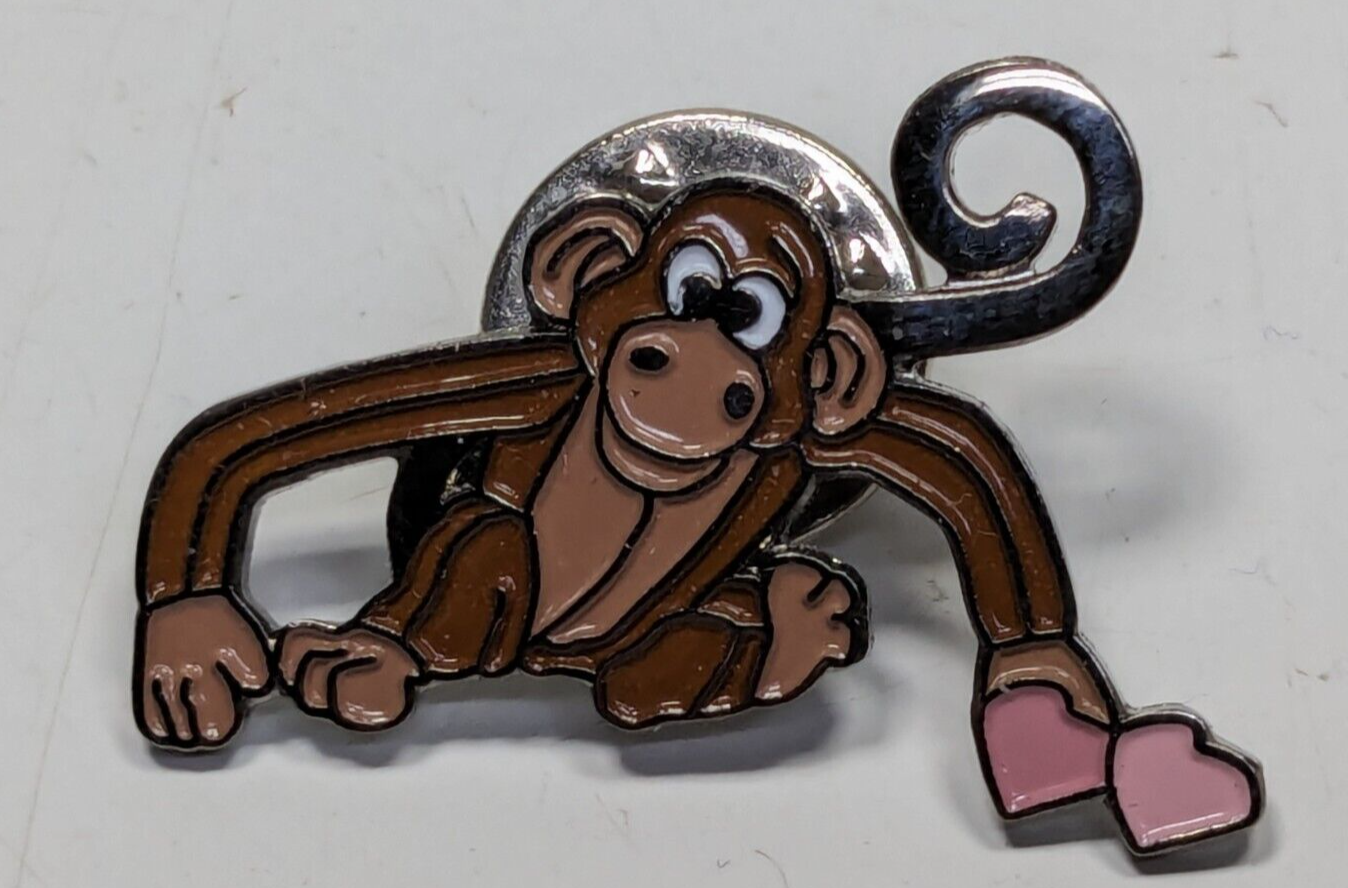 Cute Monkey / Chimp With Little Pink Hearts Enamel Lapel Backpack Hat Pin - $10.88