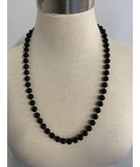 Vintage Black Glass Round Beaded Strand Necklace with Silver Clasp, 26" - $8.54