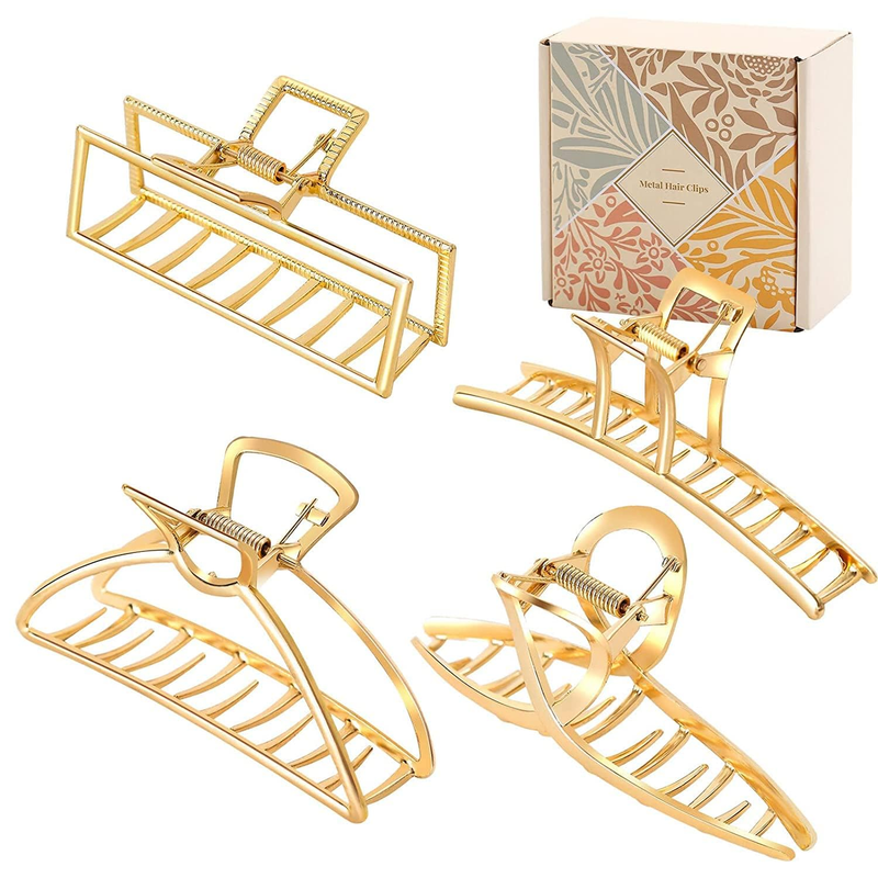 4 Pack Large Gold Hair Claw Clips for Women Thick Hair, French Design Metal Cros Item image 2