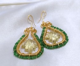 Natural Lemon Quartz Hand Carved Leaves and Tsavorite Beads Earrings - £75.93 GBP