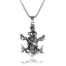Mens Pirate Skull Anchor Pendant Necklace Punk Hip Hop Biker Jewelry Chain 24&quot; - £9.48 GBP