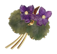 14k Yellow Gold Carved Genuine Amethyst Violet Flower and Jade Leaf Pin ... - €641,11 EUR