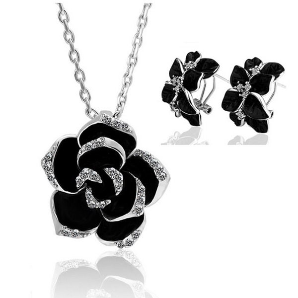 Fashion Rose Flower Enamel Jewelry Set Rose Gold Color Black Bridal Jewelry Sets - £17.17 GBP