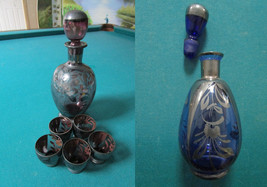 Antique Silver Overlay Decanter And Cups Blue And Purple Rare Pick 1 - £83.56 GBP