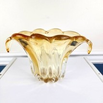 Art Glass Hand Blown Pale Yellow Bowl Vase Waterfall Style - £30.37 GBP