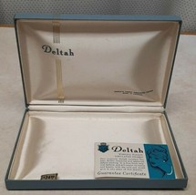 Vtg DELTAH Jewelry Box Blue Vinyl?Covered Metal Box Satin Guarantee 7&quot; x 4 3/4&quot; - £7.89 GBP