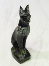 Vintage Hand Carved Soap Stone Egyptian Cat Bastet Figurine Black White - £29.28 GBP