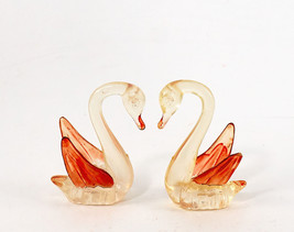 Pair Swan Figurines Lucite Perspex Clear Plastic Tinted Pink Cake Top 3&quot;... - $10.99