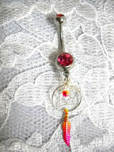 Sterling Silver Spirit Dreamcatcher W Feather Dbl Pink Cz Belly Button Ring - £11.55 GBP