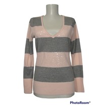 vtg Y2K NEW YORK &amp; COMPANY Sz XS Sequined Peach Gray Stripe V-neck Sweater - $23.76