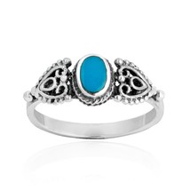Love Swirl Filigree Heart Oval Blue Turquoise Inlay .925 Silver Ring-5 - £10.01 GBP