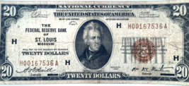 Series of 1929 $20 National Banknote Federal Reserve St. Louis FR 1870-H... - $1,201.68 MXN