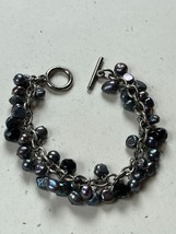 Silvertone Chain w Iridiscent Faux Purple Pearl &amp; Black Bead Fringe Bracelet – - $12.19