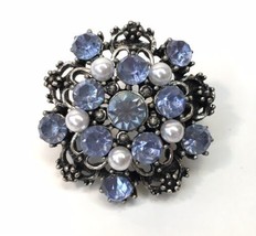 Blue Rhinestone &amp; Faux Pearl Brooch Silver Tone Dimensional Pin - £9.25 GBP