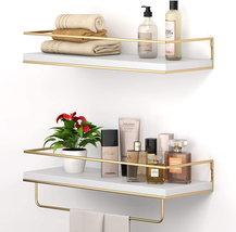 Floating Shelves Wall Mounted Hanging With Golden Towel Rack White NEW - £28.86 GBP