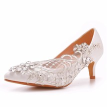 Women Rhinestone Wedding Shoes Lace White Bridal Stiletto 5CM High Heels Bridesm - £50.39 GBP
