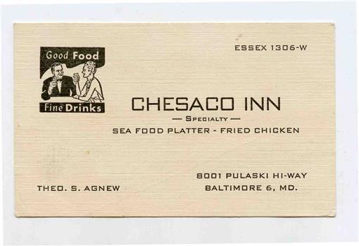 Primary image for Chesaco Inn Ted Agnew Business Card Pulaski Highway Baltimore Maryland