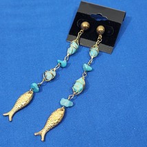 Goldtone &amp; Faux Turquoise Fish Dangle Earrings Gemstone Accents Beachy Mermaid - £9.35 GBP