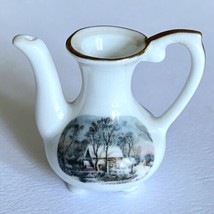 1977 Avon Small Treasures Porcelain Miniature Mill Winter Scene Gold Rim Tea Pot - £7.81 GBP
