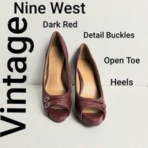 Vintage Nine West Dark Red Detail Buckles Open Toe Heels Size 9M - £16.23 GBP