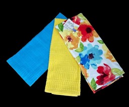 3 Fiesta Turq Yellow Blue Coordinating Floral Velour &amp; Textured Kitchen Towels - £20.03 GBP