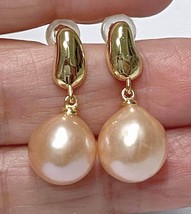 5A Grading 10.5-11mm Edison Peach Gold Pink Round Cultured Pearl Dangle Earrings - £93.48 GBP