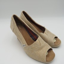 Toms Shoes Womens Size 7.5 Wedge Beige Canvas Peep Toe Sandals 3&quot; Cork Heels - £19.45 GBP