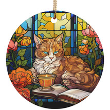 Cute Cat Book Art Stained Glass Colorful Wreath Christmas Ornament Pet Lover - £11.83 GBP
