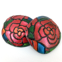 OOAK vintage wooden rose earrings - stained-glass look red 3D flower chunky big - £7.06 GBP