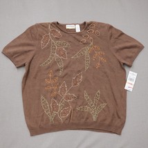 New Alfred Dunner Short Sleeve Knit Top Sweater 2XL Ramie Leaf Embroidered Brown - £22.07 GBP