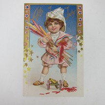 Postcard Independence Day Boy Sailor Suit Firecrackers Stars Patriotic Antique - £11.98 GBP