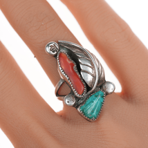 sz5 Vintage Eustace Cochiti Silver, carved turquoise, and coral ring - £119.70 GBP