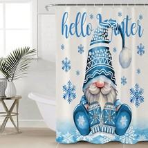 Polyester Fabric Hello Winter Shower Curtain, Christmas Gnomes Blue Snowflake, W - $27.99