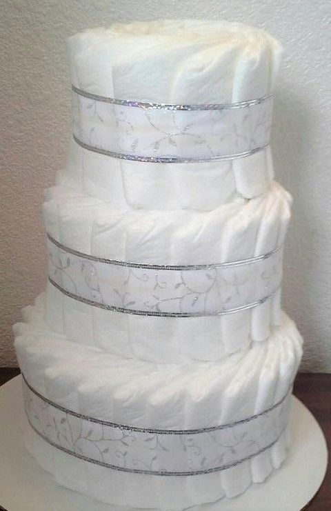 White and Silver Theme Baby Shower 3 Tier Diaper Cake Table Centerpiece Gift