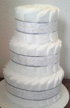 White and Silver Theme Baby Shower 3 Tier Diaper Cake Table Centerpiece Gift - £32.71 GBP