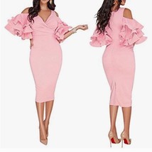 Women&#39;s Blush Pink Belted Cold Shoulder Ruffle Sleeve Plus Size 2X Midi ... - £15.53 GBP