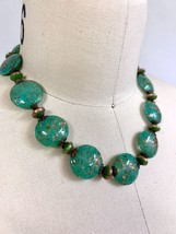 Vtg Venetian Green Aventurine Flat Glass Bead Necklace Filigree Caps + E... - £95.60 GBP