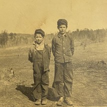 Found Black And White Photos. 2 Young Boys In Workwear Dirty 1916 - £7.11 GBP