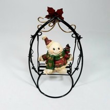 Snowman Christmas Ornament Swing Decoration Blk Metal Ceramic Poinsettia &amp; Stars - £41.74 GBP