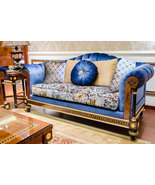 Royal Blue Velvet Loveseat with Ornate Wooden Detailing - $3,195.00